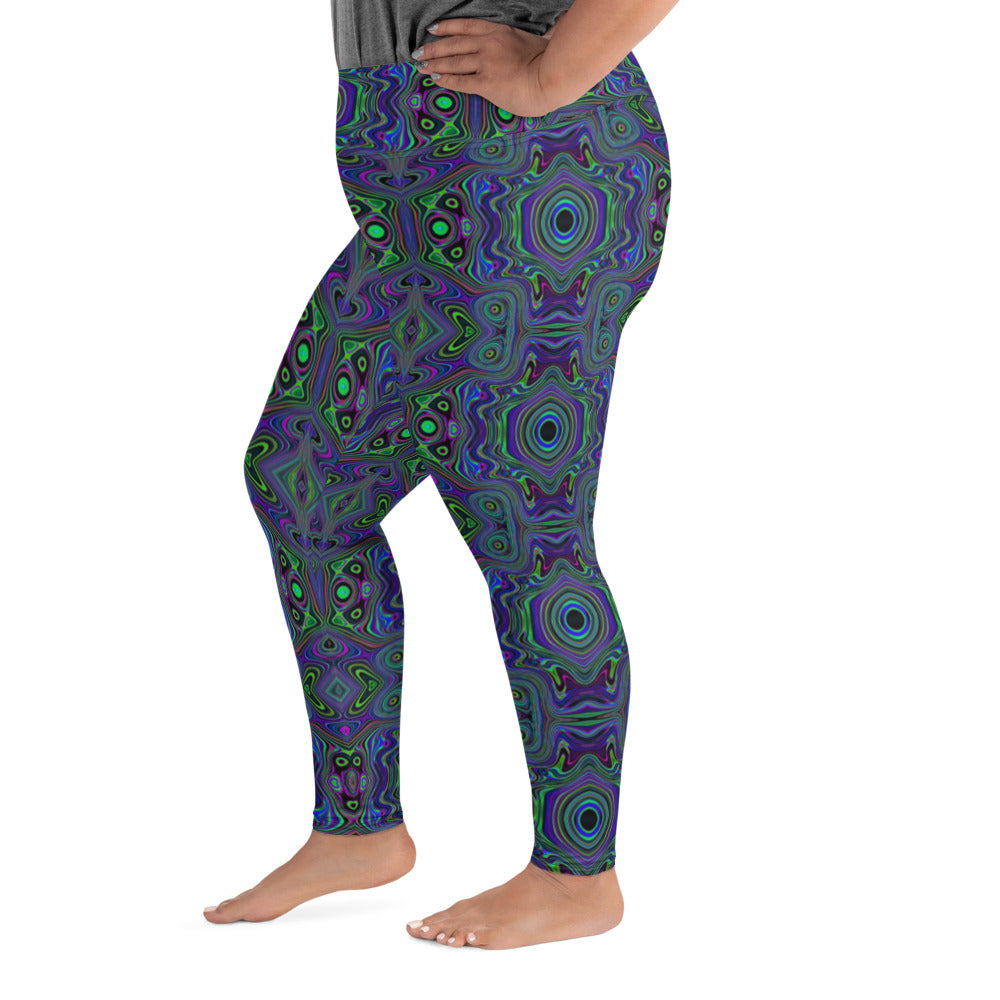 Plus Size Leggings, Trippy Retro Royal Blue and Lime Green Abstract