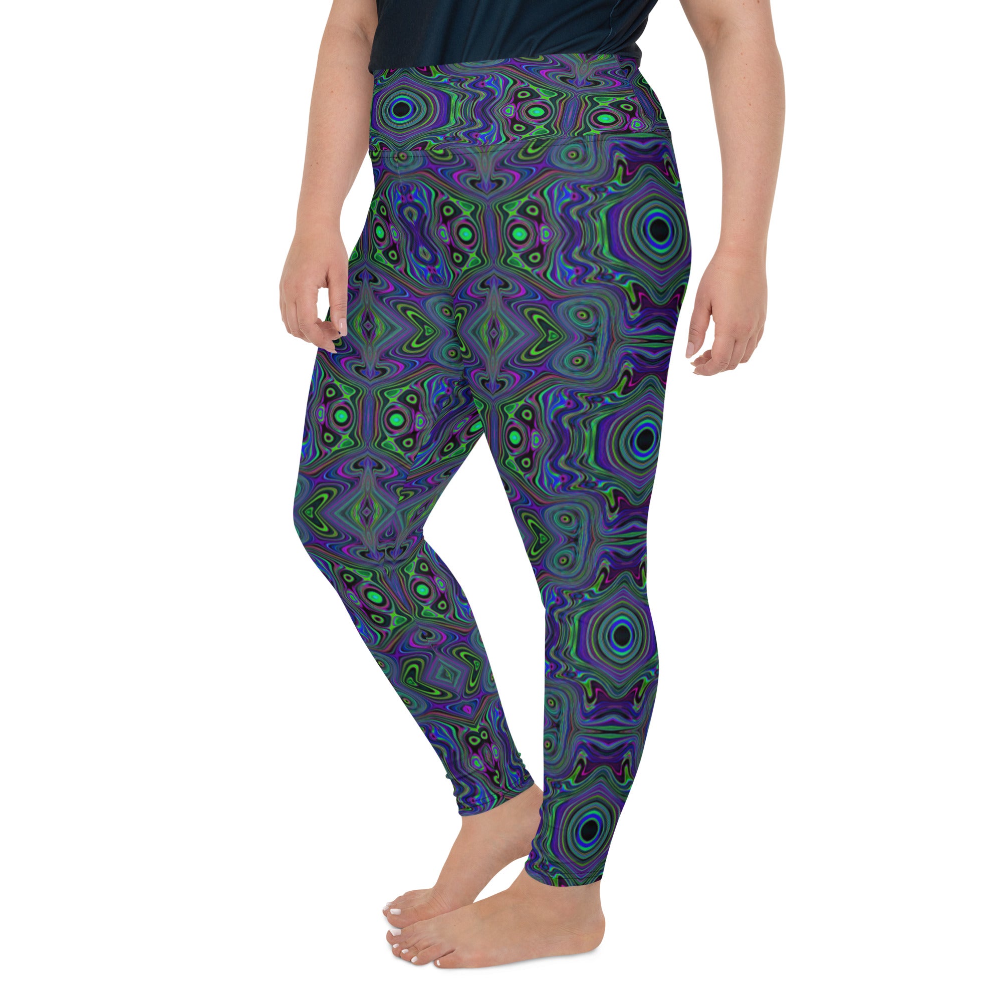 Plus Size Leggings, Trippy Retro Royal Blue and Lime Green Abstract