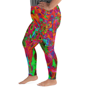 Plus Size Leggings, Psychedelic Groovy Red and Green Wildflowers
