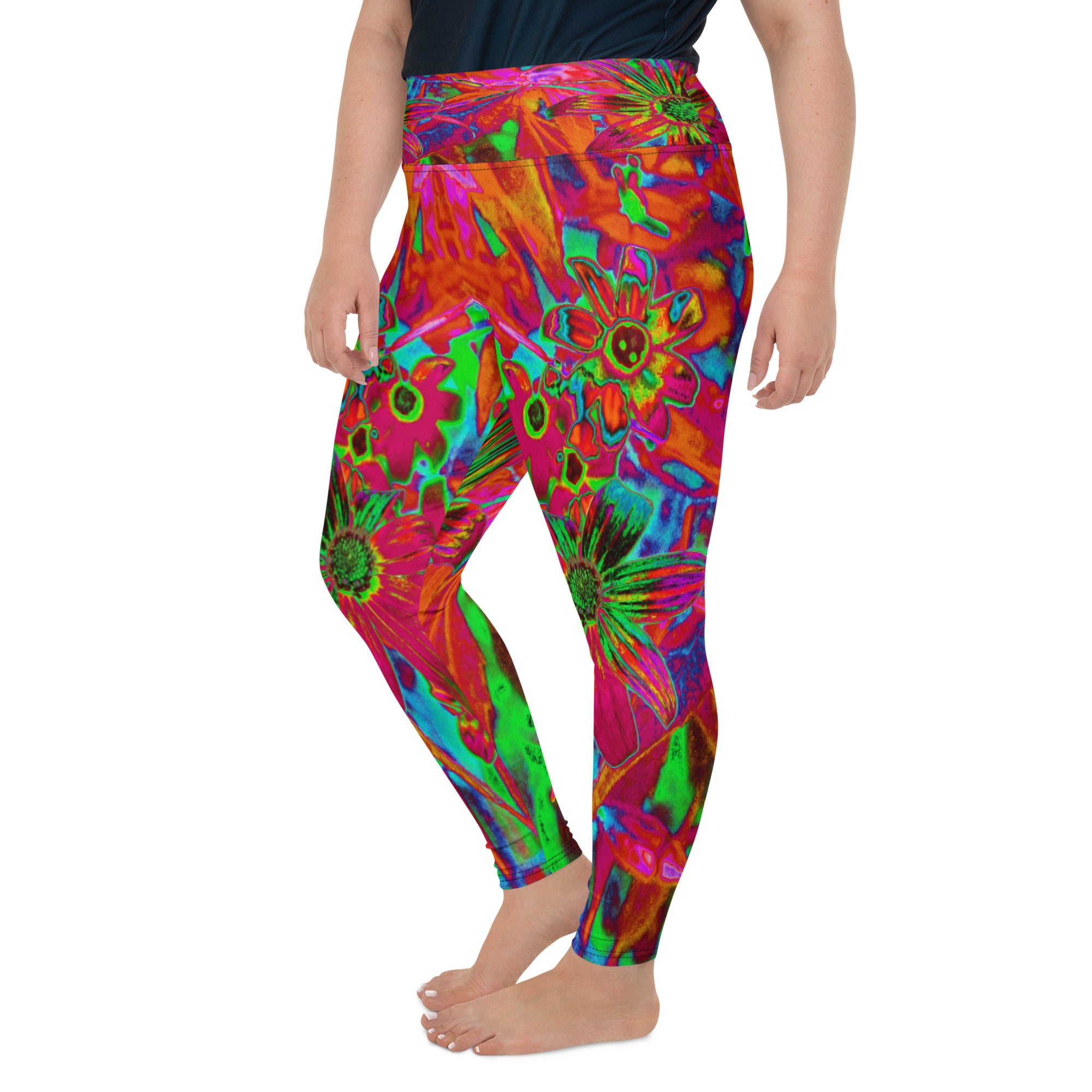Plus Size Leggings, Psychedelic Groovy Red and Green Wildflowers