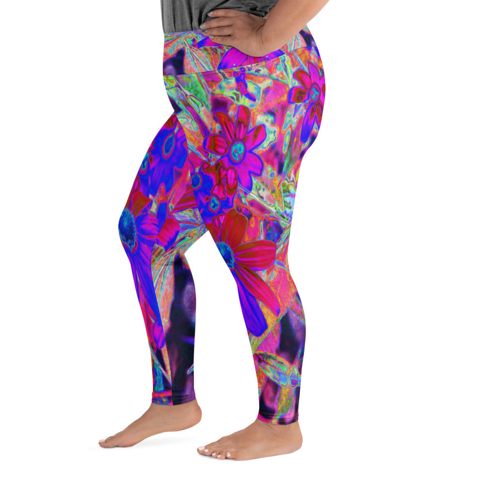 Plus Size Leggings, Psychedelic Retro Crimson and Magenta Wildflowers