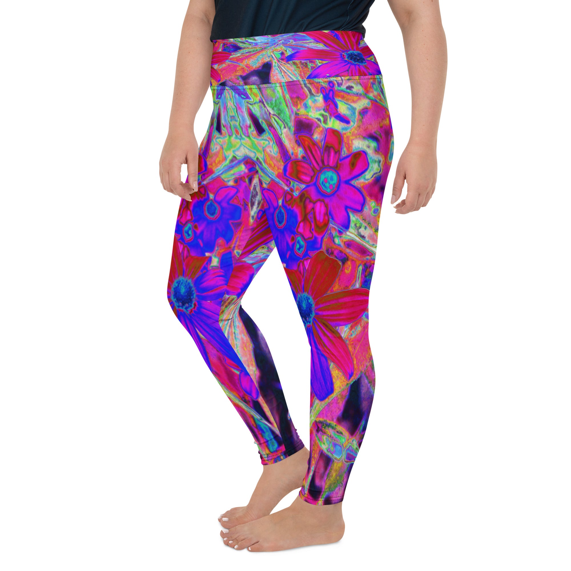 Plus Size Leggings, Psychedelic Retro Crimson and Magenta Wildflowers