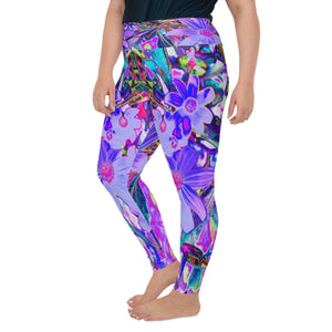 Plus Size Leggings, Trippy Purple and Magenta Colorful Wildflowers
