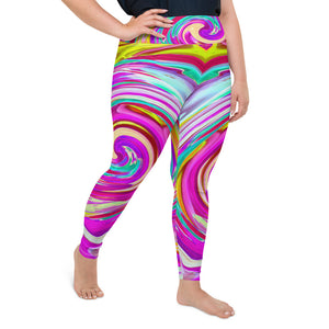 Plus Size Leggings for Women, Colorful Fiesta Swirl Retro Abstract Design