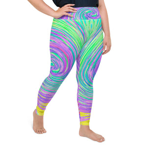 Plus Size Leggings for Women, Turquoise Blue and Purple Abstract Swirl