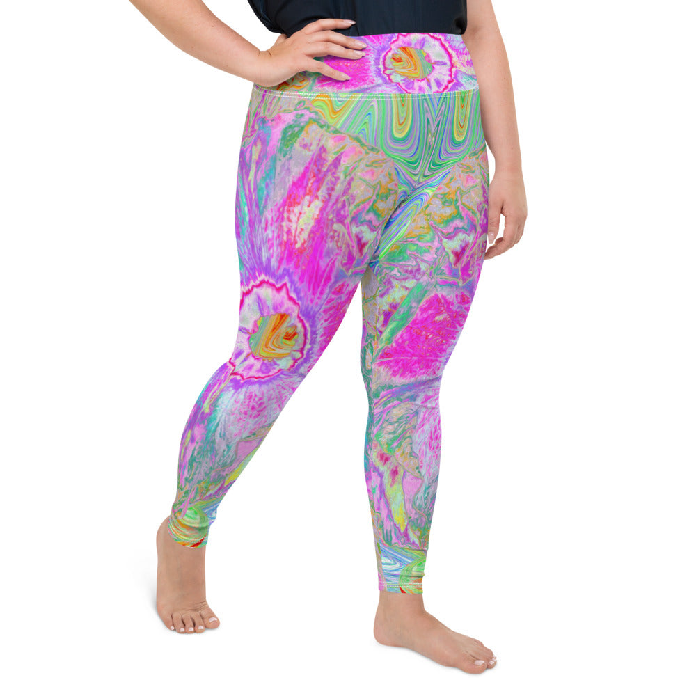 Plus Size Leggings for Women, Psychedelic Hot Pink and Ultra-Violet Hibiscus