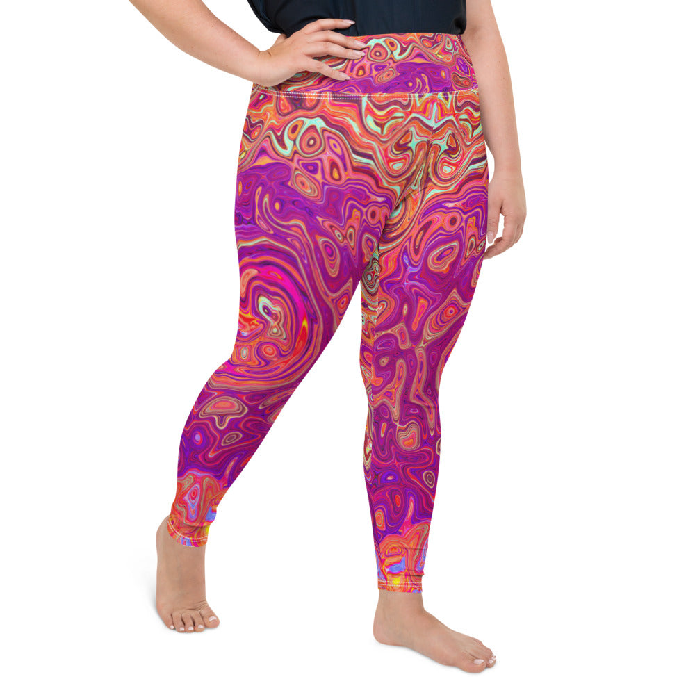 Plus Size Leggings for Women, Retro Abstract Coral and Purple Marble Swirl