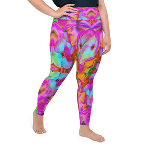 Plus Size Leggings for Women, Hydrangea Flower Petals in Aqua, Magenta and Orange