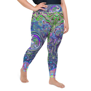 Plus Size Leggings for Women, Marbled Lime Green and Purple Abstract Retro Swirl