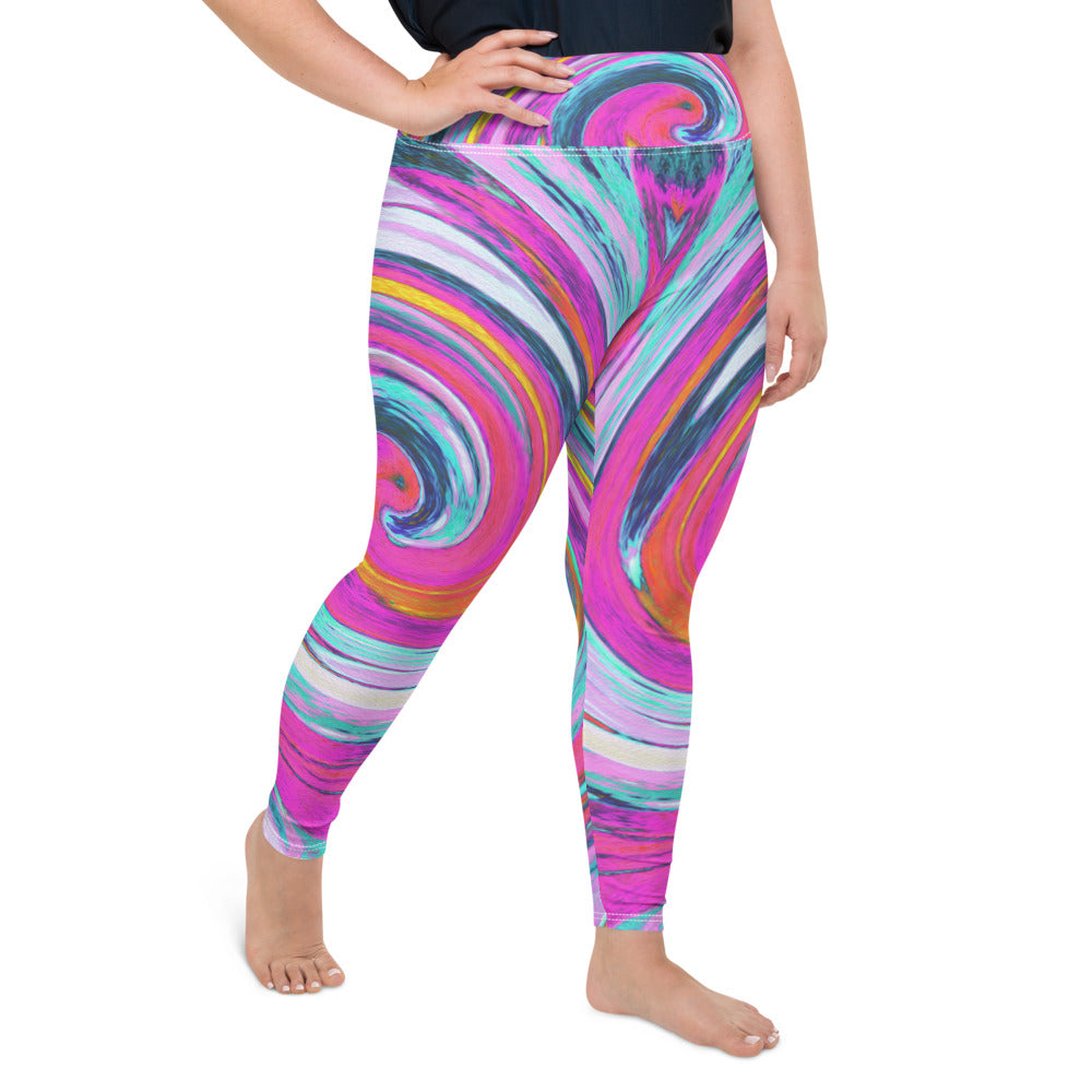 Plus Size Leggings for Women, Cool Retro Magenta, Pink and Blue Liquid Art Swirl