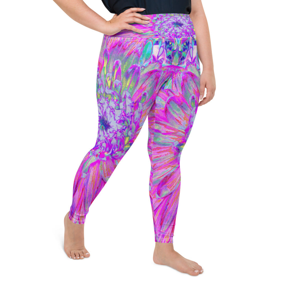 Plus Size Leggings for Women, Cool Pink Blue and Purple Artsy Dahlia Bloom