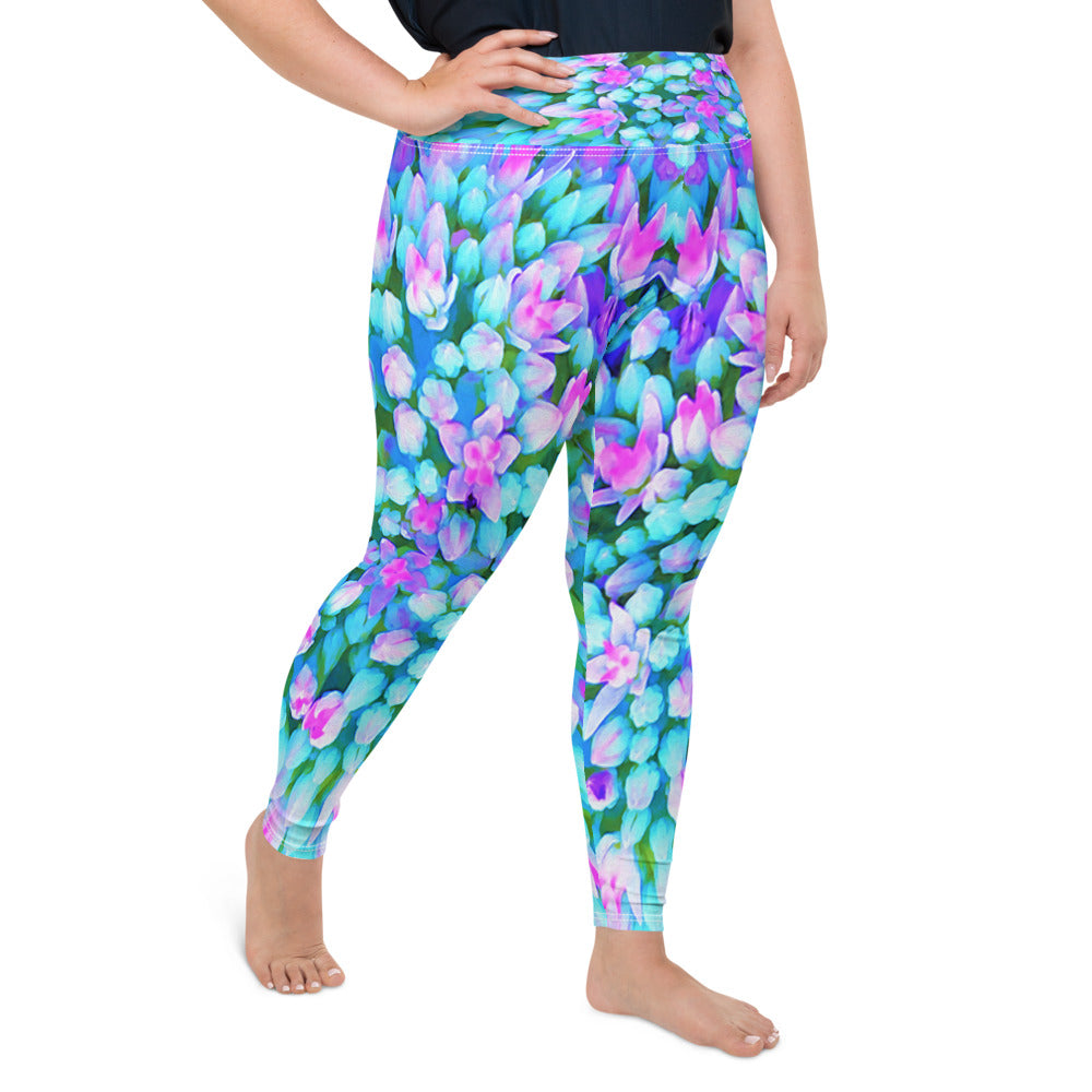 Plus Size Leggings, Blue and Hot Pink Succulent Sedum Flowers Detail