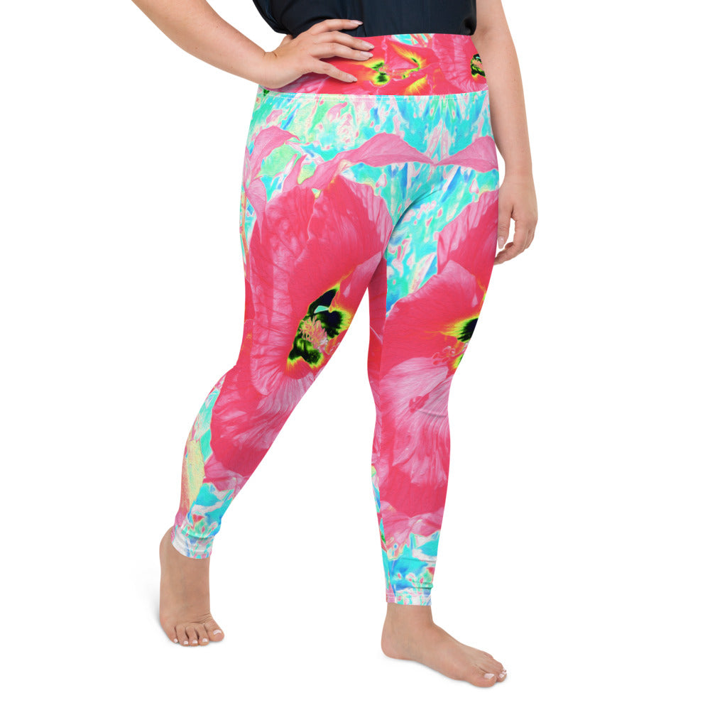 Plus Size Leggings for Women, Two Rosy Red Coral Plum Crazy Hibiscus on Aqua