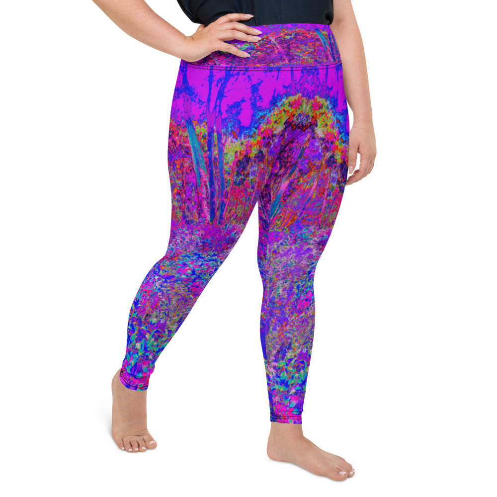 Plus Size Leggings for Women, Psychedelic Impressionistic Purple Garden Landscape