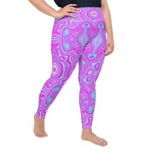 Plus Size Leggings for Women, Trippy Hot Pink and Aqua Blue Abstract Pattern