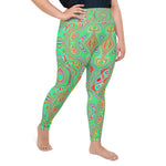 Plus Size Leggings for Women, Trippy Retro Orange and Lime Green Abstract Pattern