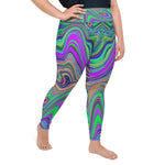 Plus Size Leggings for Women, Trippy Lime Green and Purple Waves of Color