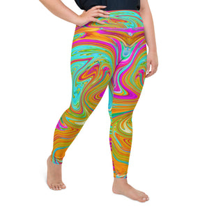 Plus Size Leggings for Women, Blue, Orange and Hot Pink Groovy Abstract Retro Art