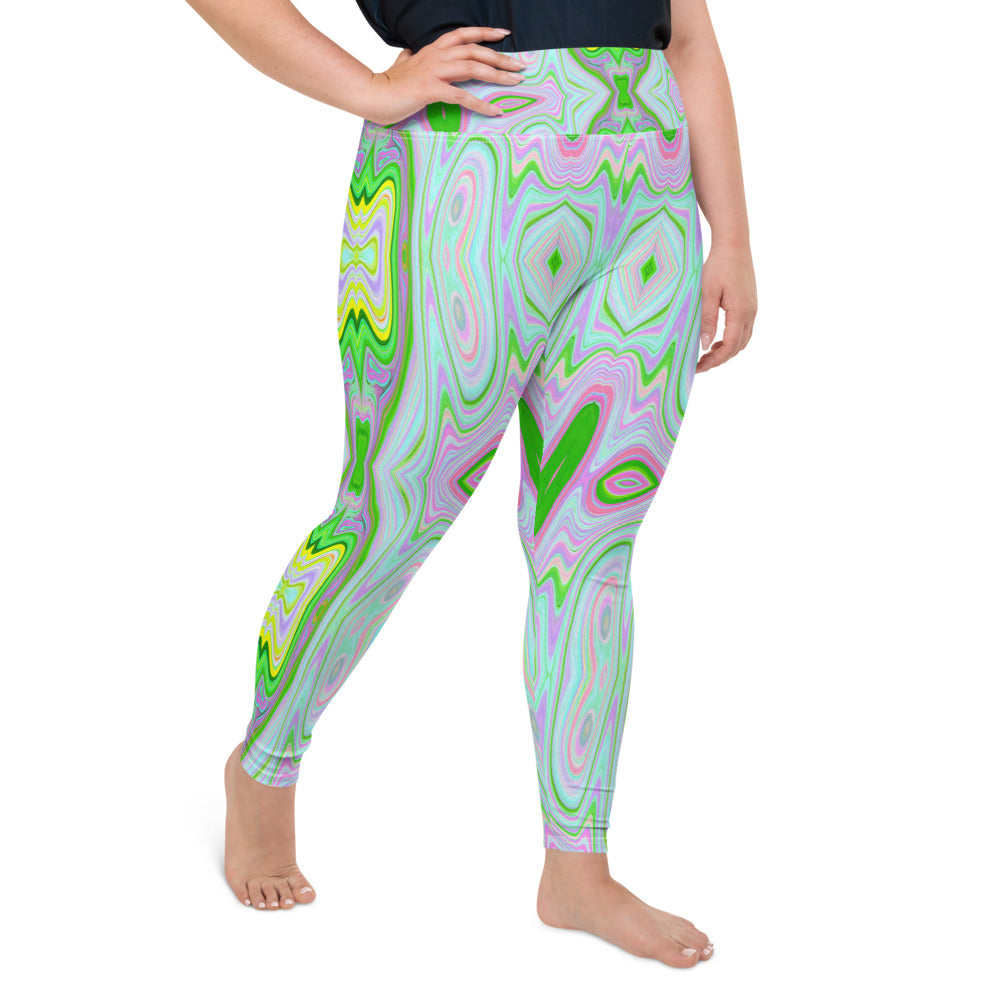 Plus Size Leggings for Women, Retro Abstract Pink, Lime Green and Aqua Pattern