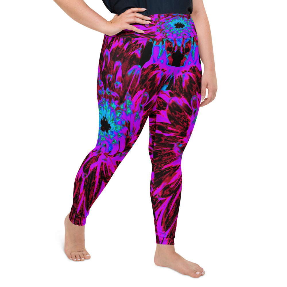 Plus Size Leggings for Women, Dramatic Crimson Red, Purple and Black Dahlia