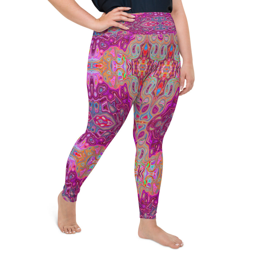 Plus Size Leggings for Women, Abstract Magenta, Pink, Blue and Red Groovy Pattern