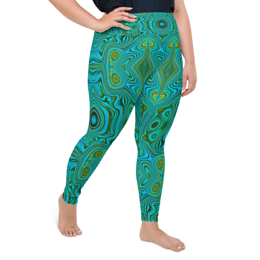 Plus Size Leggings for Women, Trippy Retro Turquoise Chartreuse Abstract Pattern