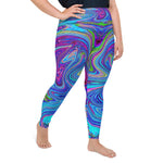 Plus Size Leggings for Women, Blue, Pink and Purple Groovy Abstract Retro Art