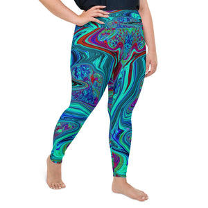 Plus Size Leggings for Women, Groovy Abstract Retro Art in Blue and Red
