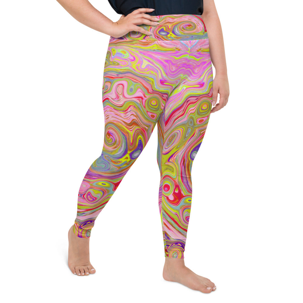 Plus Size Leggings for Women, Retro Pink, Yellow and Magenta Abstract Groovy Art