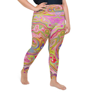 Plus Size Leggings for Women, Retro Pink, Yellow and Magenta Abstract Groovy Art