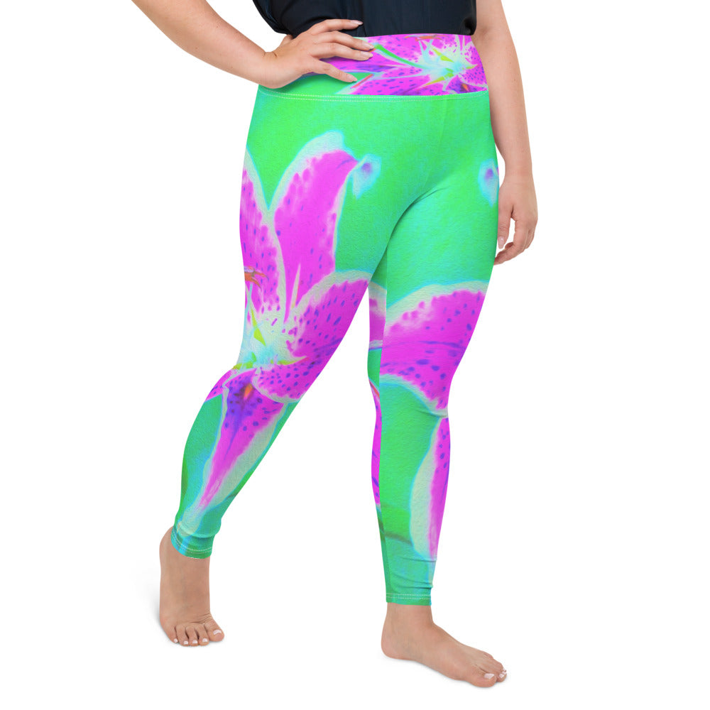 Plus Size Leggings for Women, Hot Pink Stargazer Lily on Turquoise and Green