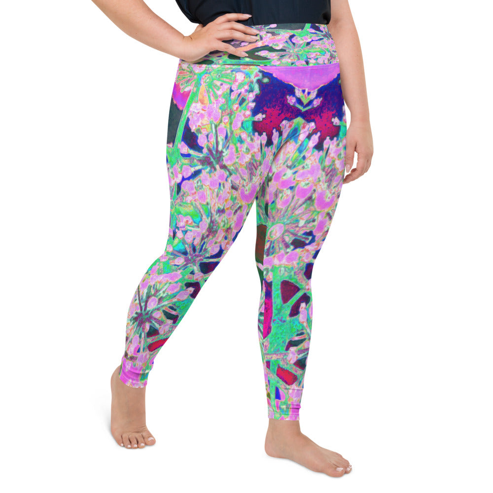 Plus Size Leggings for Women, Cool Abstract Retro Nature in Pink and Lime Green