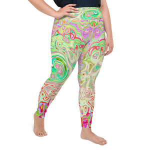 Plus Size Leggings for Women, Groovy Abstract Retro Pastel Green Liquid Swirl