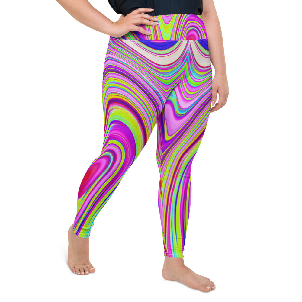 Plus Size Leggings for Women, Trippy Yellow and Pink Abstract Groovy Retro Art