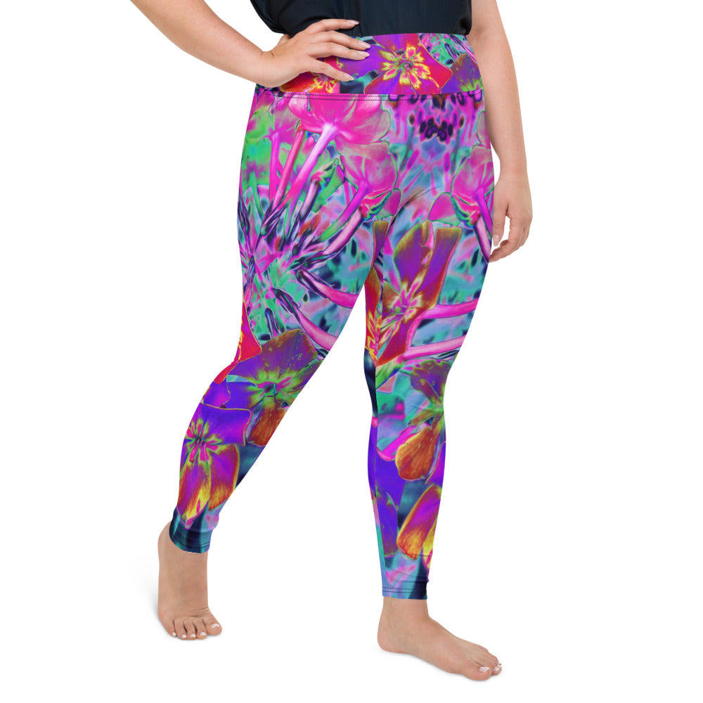 Plus Size Leggings for Women, Dramatic Psychedelic Colorful Red and Purple Flowers