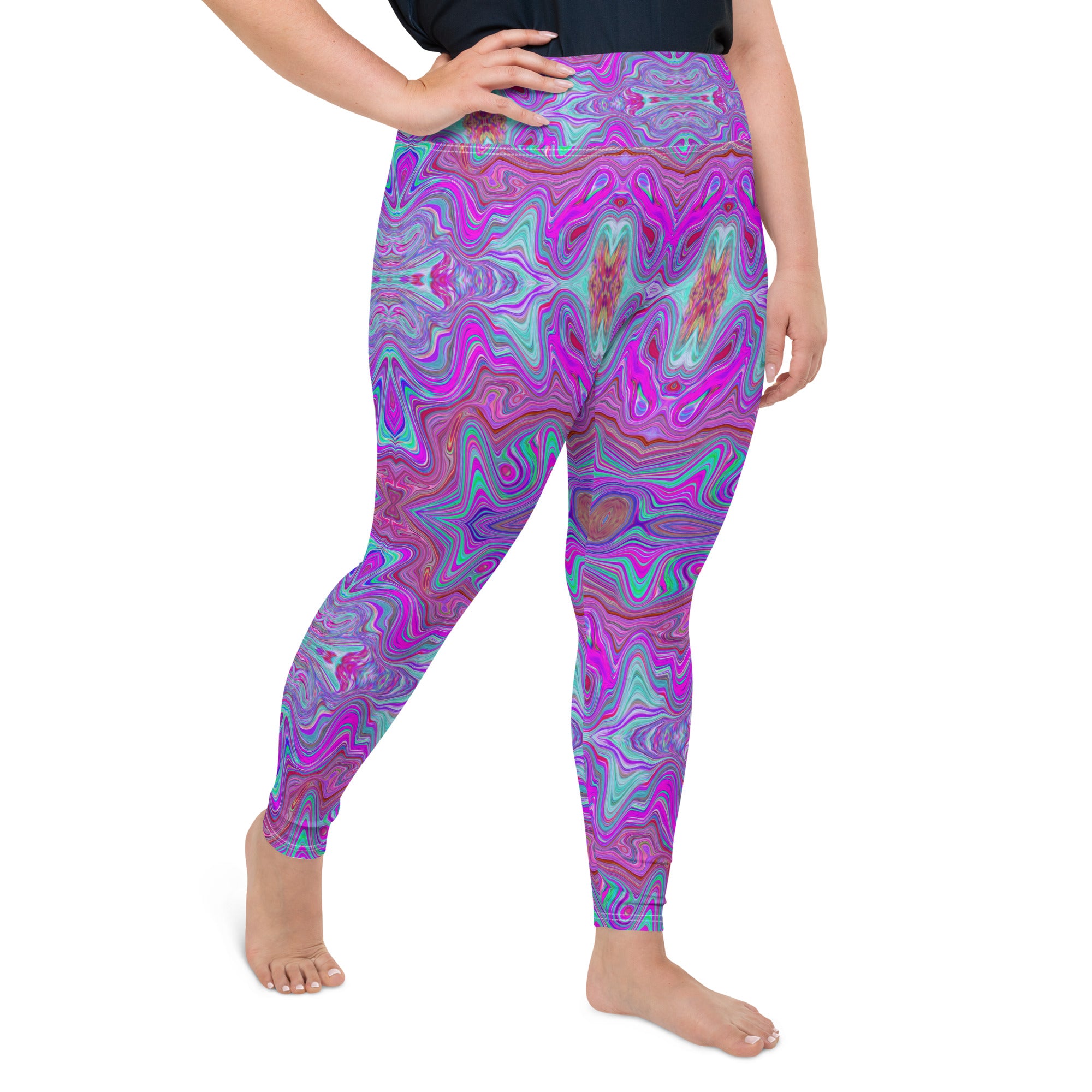 Plus Size Leggings for Women, Wavy Magenta and Blue Trippy Marbled Pattern