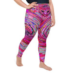 Plus Size Leggings for Women, Cool Abstract Retro Hot Pink and Red Floral Swirl