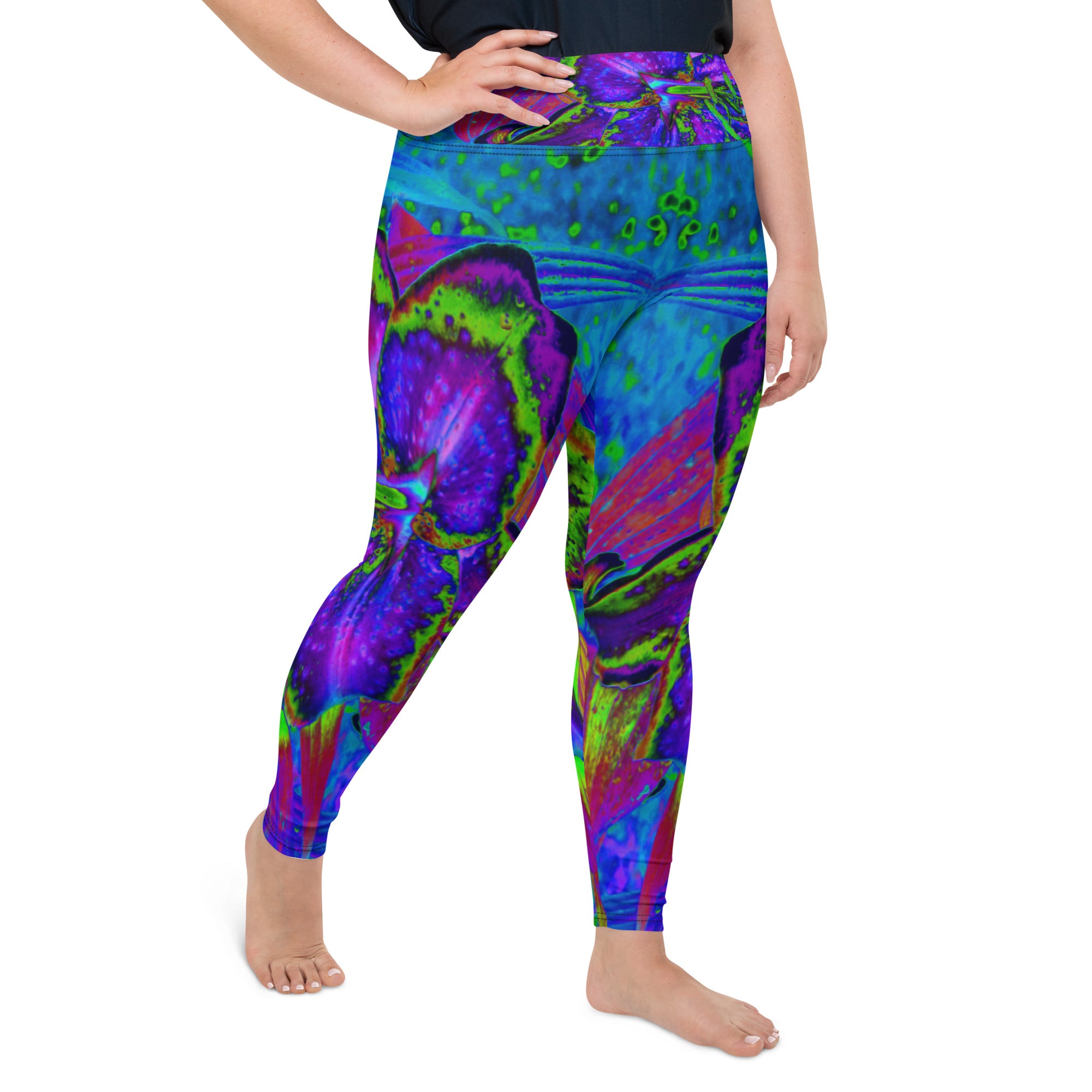 Plus Size Leggings for Women, Psychedelic Purple and Lime Green Lily Flower