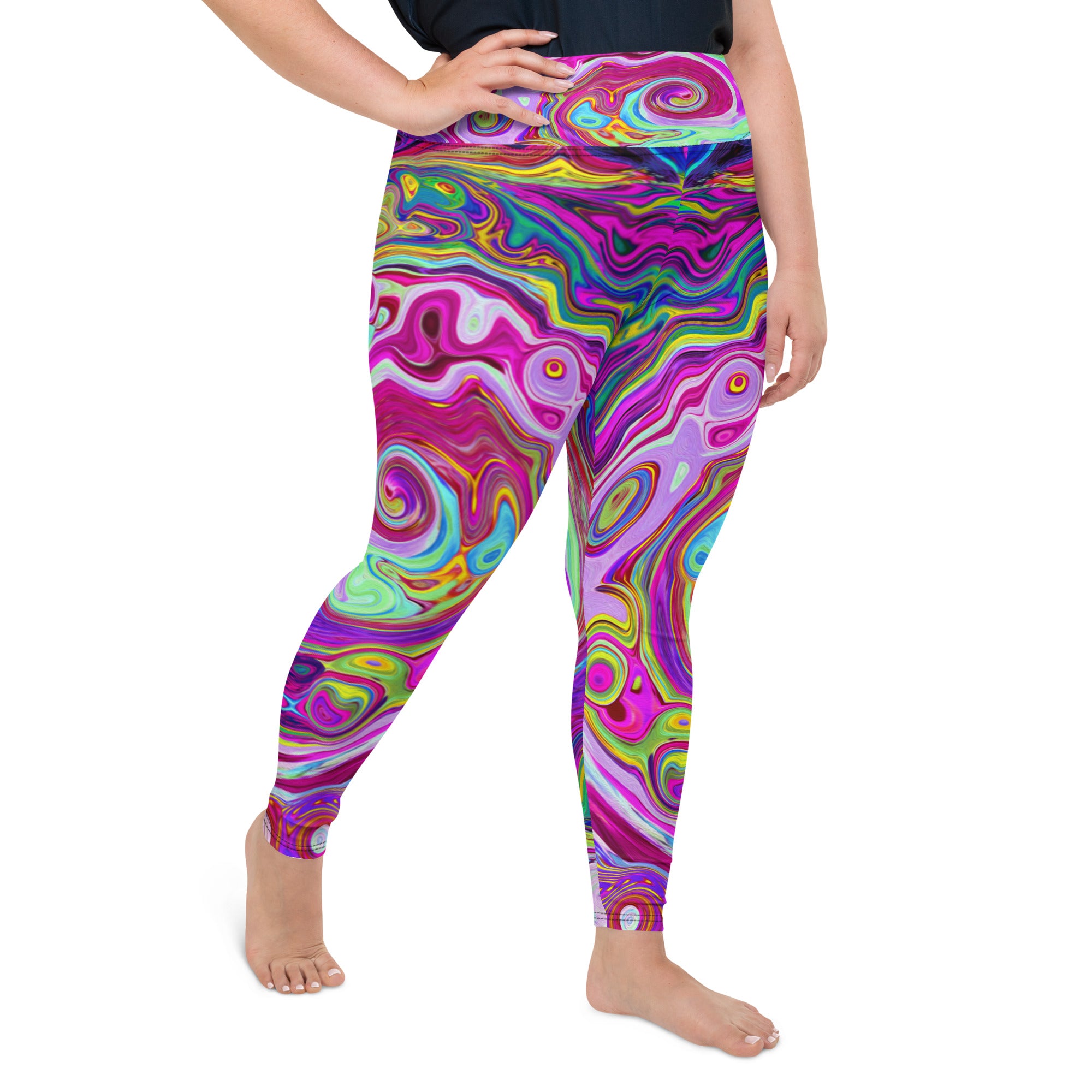 Plus Size Leggings, Groovy Abstract Retro Magenta Rainbow Swirl