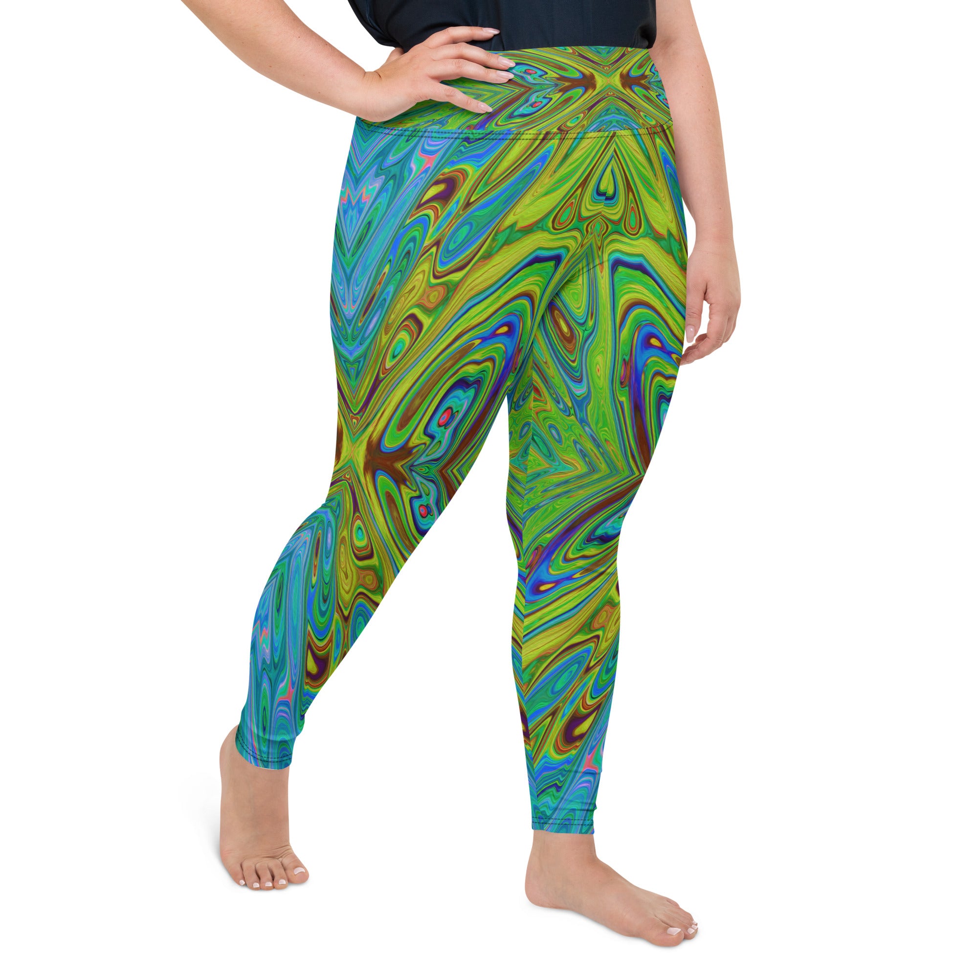 Plus Size Leggings, Trippy Chartreuse and Blue Abstract Butterfly