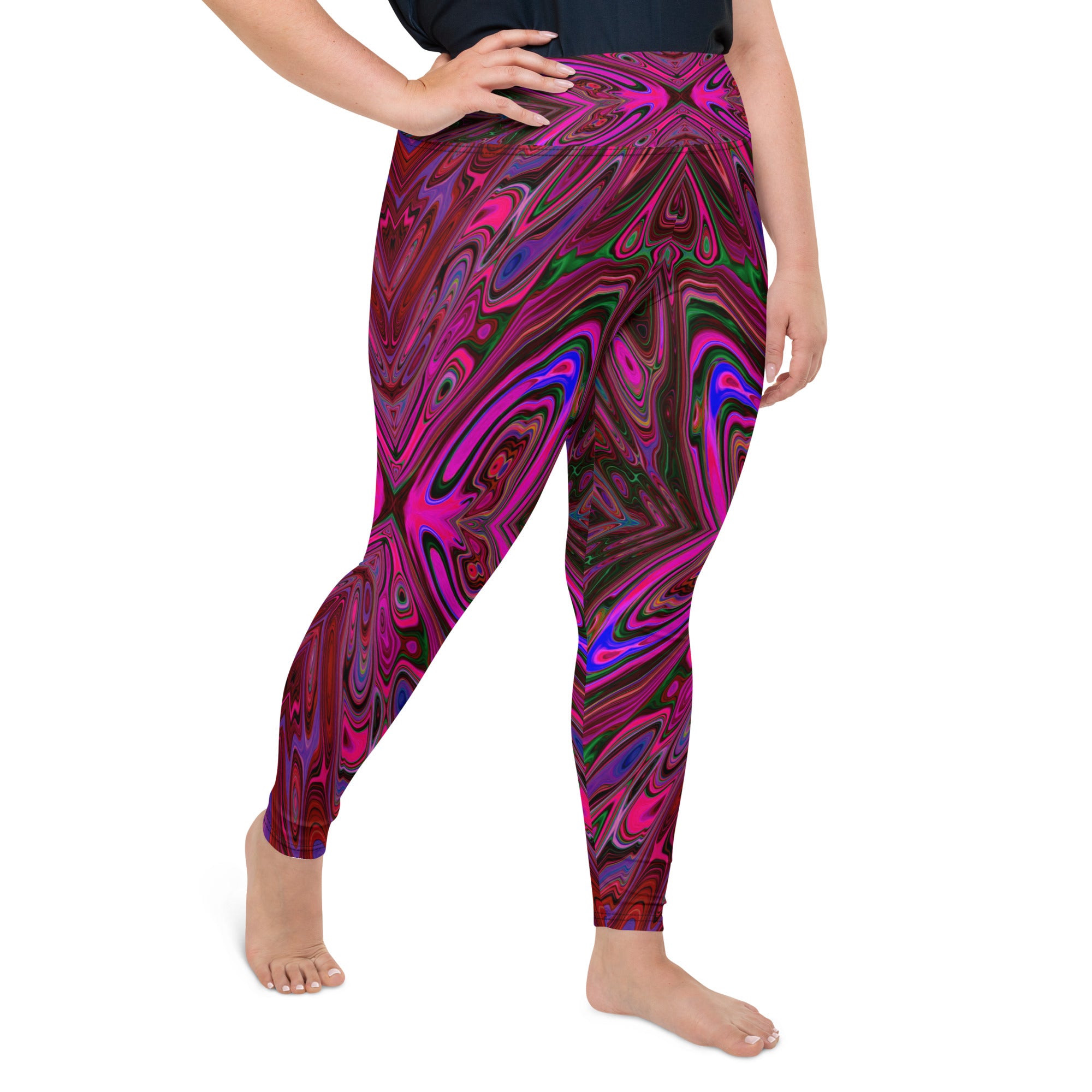 Plus Size Leggings, Trippy Hot Pink, Red and Blue Abstract Butterfly