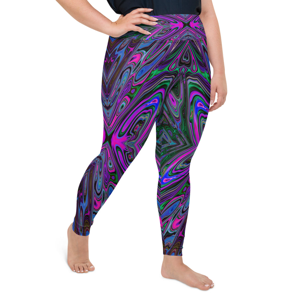 Plus Size Leggings, Trippy Magenta, Blue and Green Abstract Butterfly