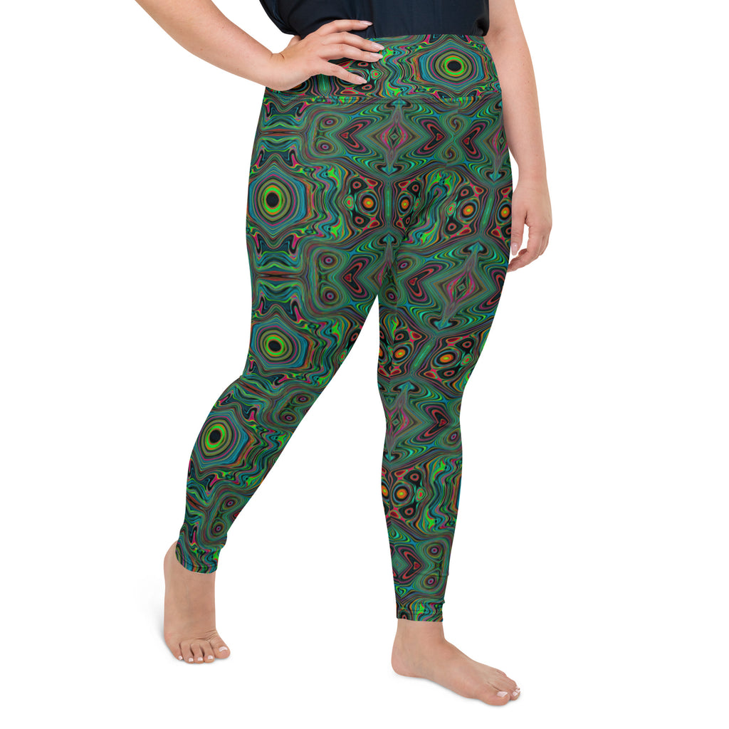 Plus Size Leggings, Trippy Retro Black and Lime Green Abstract Pattern