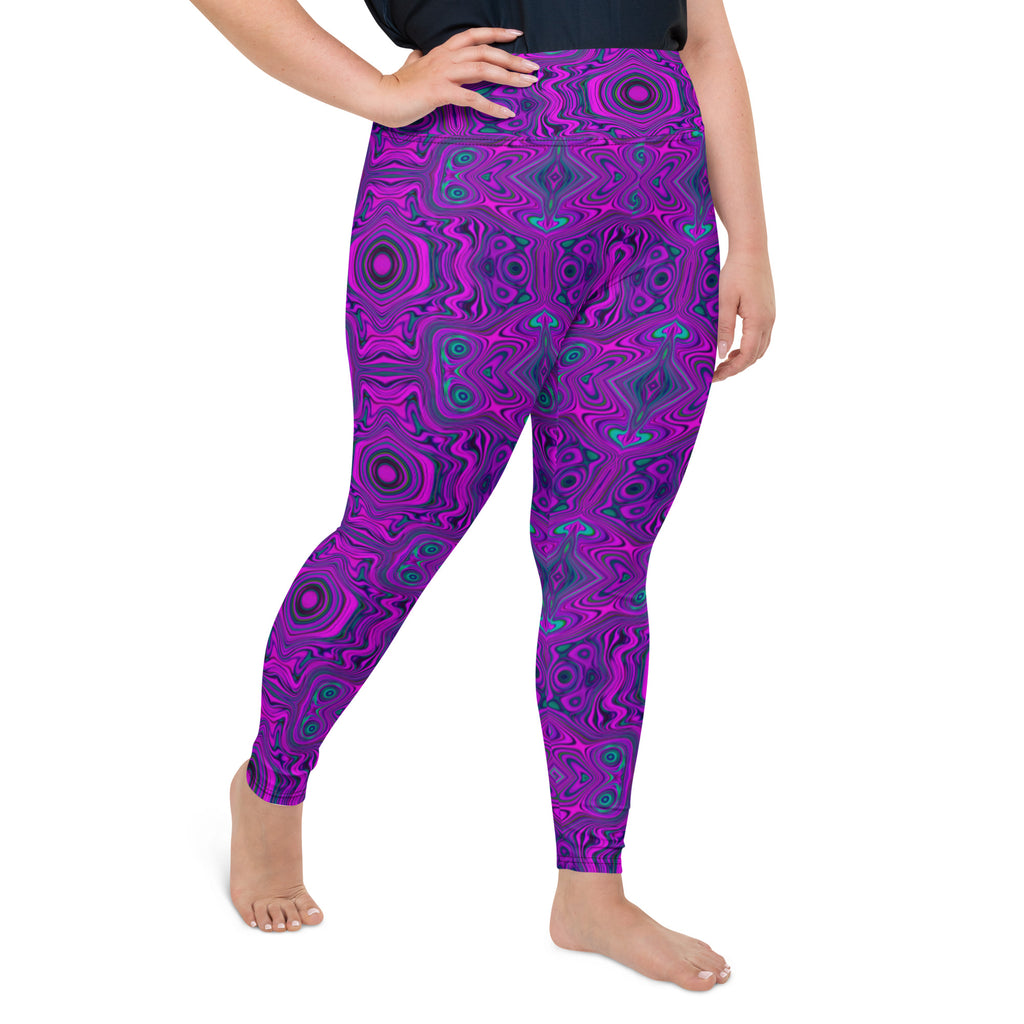 Plus Size Leggings, Trippy Retro Magenta and Black Abstract Pattern