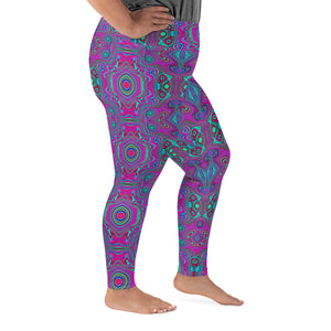 Plus Size Leggings, Trippy Retro Magenta, Blue and Green Abstract