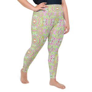 Plus Size Leggings, Trippy Retro Pink and Lime Green Abstract Pattern