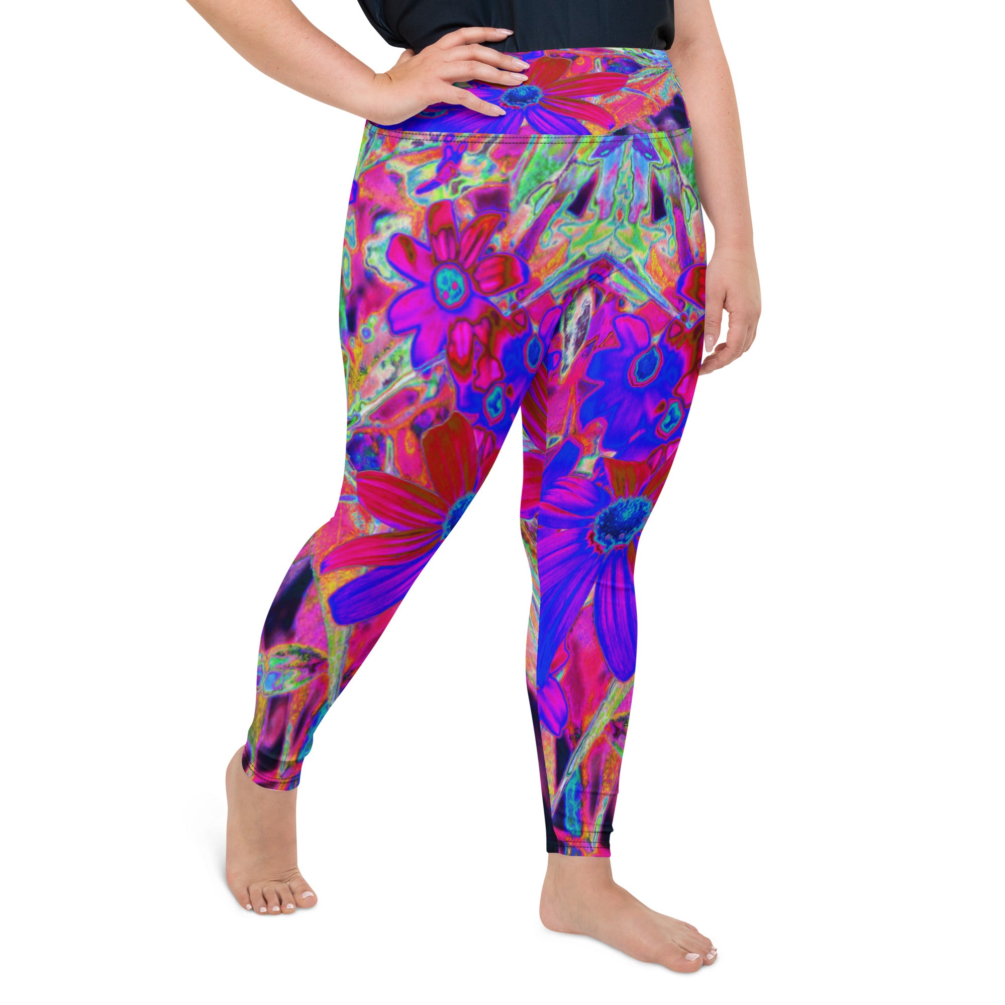 Plus Size Leggings, Psychedelic Retro Crimson and Magenta Wildflowers