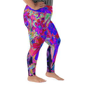 Plus Size Leggings, Psychedelic Retro Crimson and Magenta Wildflowers