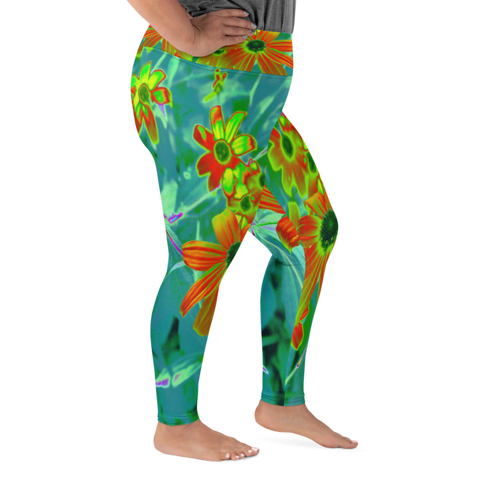Plus Size Leggings, Trippy Yellow and Red Wildflowers on Retro Blue