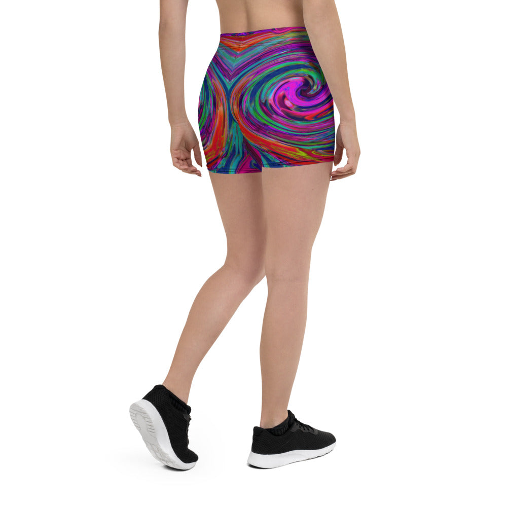 Spandex Shorts for Women, Groovy Abstract Retro Magenta Dark Rainbow Swirl